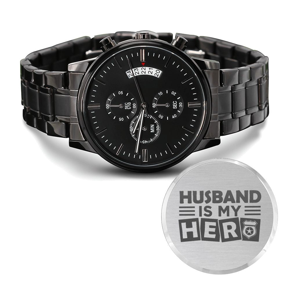 Husband My Hero Engraved Multifunction Policeman Men&#39;s Watch Stainless Steel W Copper Dial-Express Your Love Gifts