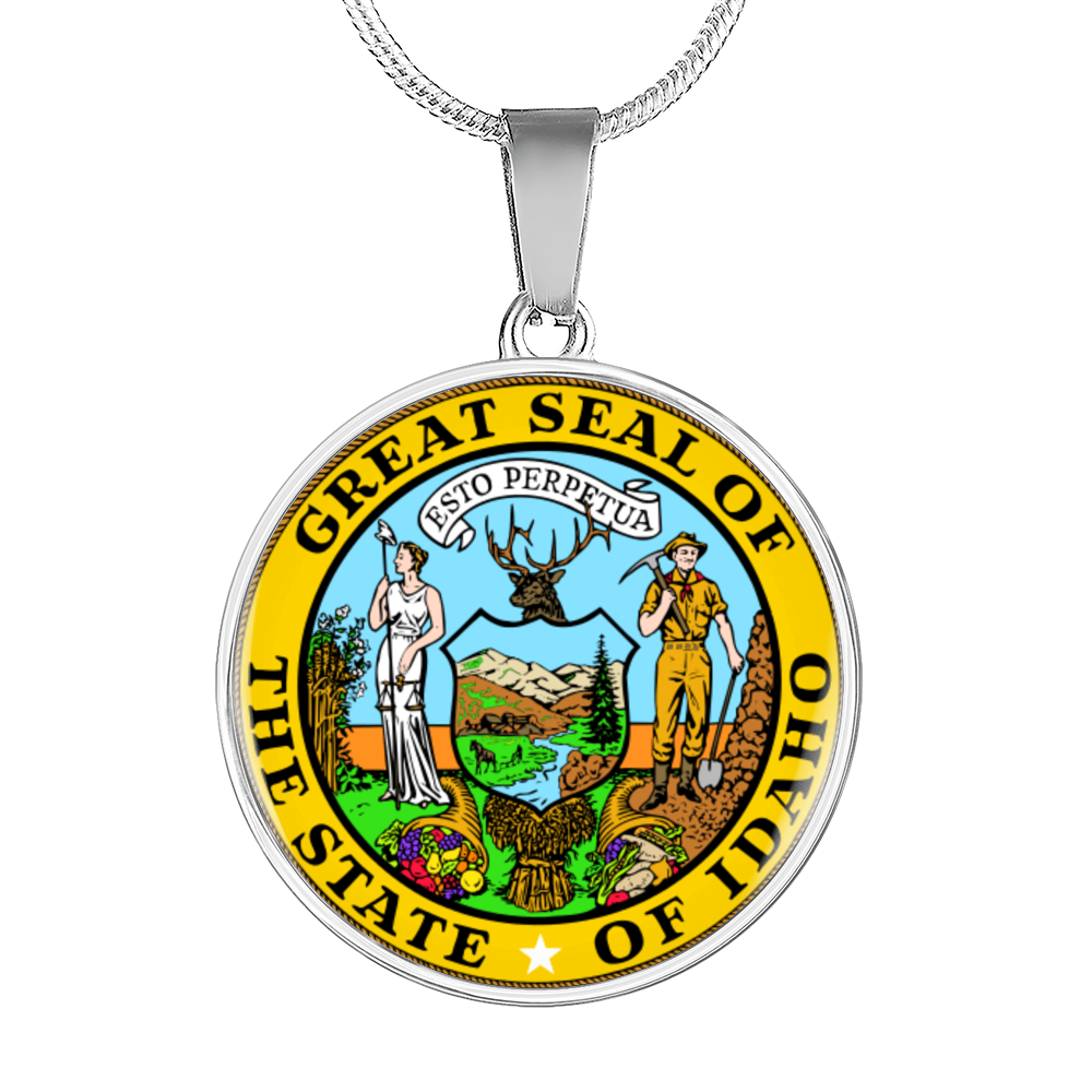 Idaho State Seal Necklace Circle Pendant Stainless Steel or 18k Gold 18-22"-Express Your Love Gifts
