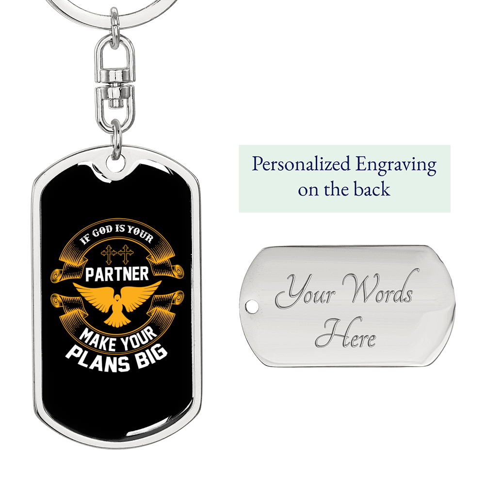 If God Is Your Partner Keychain Stainless Steel or 18k Gold Dog Tag Keyring-Express Your Love Gifts
