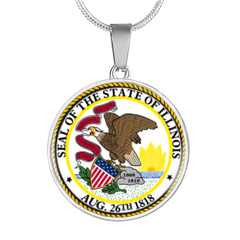 Illinois State Seal Necklace Circle Pendant Stainless Steel or 18k Gold 18-22"-Express Your Love Gifts