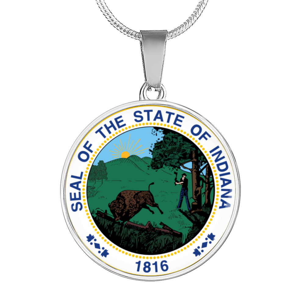 Indiana State Seal Necklace Circle Pendant Stainless Steel or 18k Gold 18-22"-Express Your Love Gifts