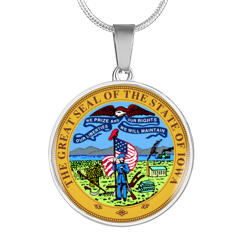 Iowa State Seal Necklace Circle Pendant Stainless Steel or 18k Gold 18-22"-Express Your Love Gifts