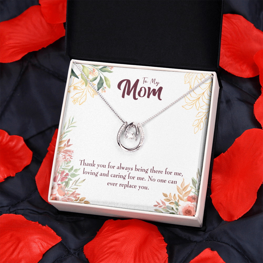 Irreplaceable Mom Lucky Horseshoe Necklace Message Card 14k w CZ Crystals-Express Your Love Gifts