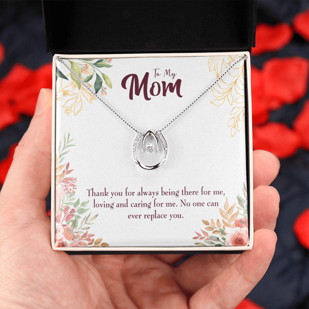 Irreplaceable Mom Lucky Horseshoe Necklace Message Card 14k w CZ Crystals-Express Your Love Gifts