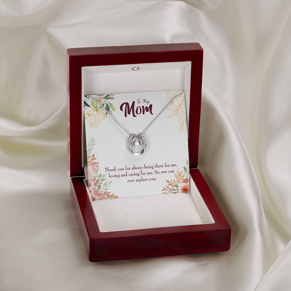 Irreplaceable Mom Lucky Horseshoe Necklace Message Card 14k w CZ Crystals-Express Your Love Gifts