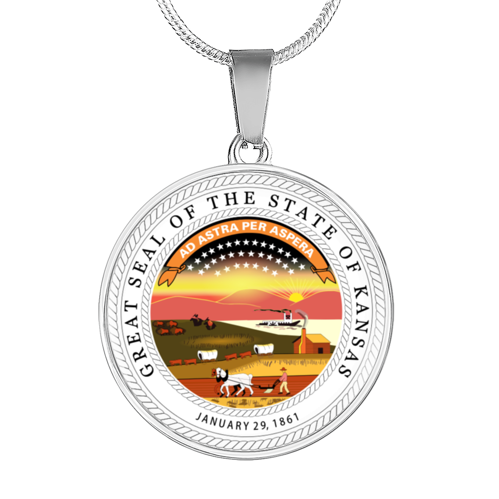 Kansas State Seal Necklace Circle Pendant Stainless Steel or 18k Gold 18-22"-Express Your Love Gifts