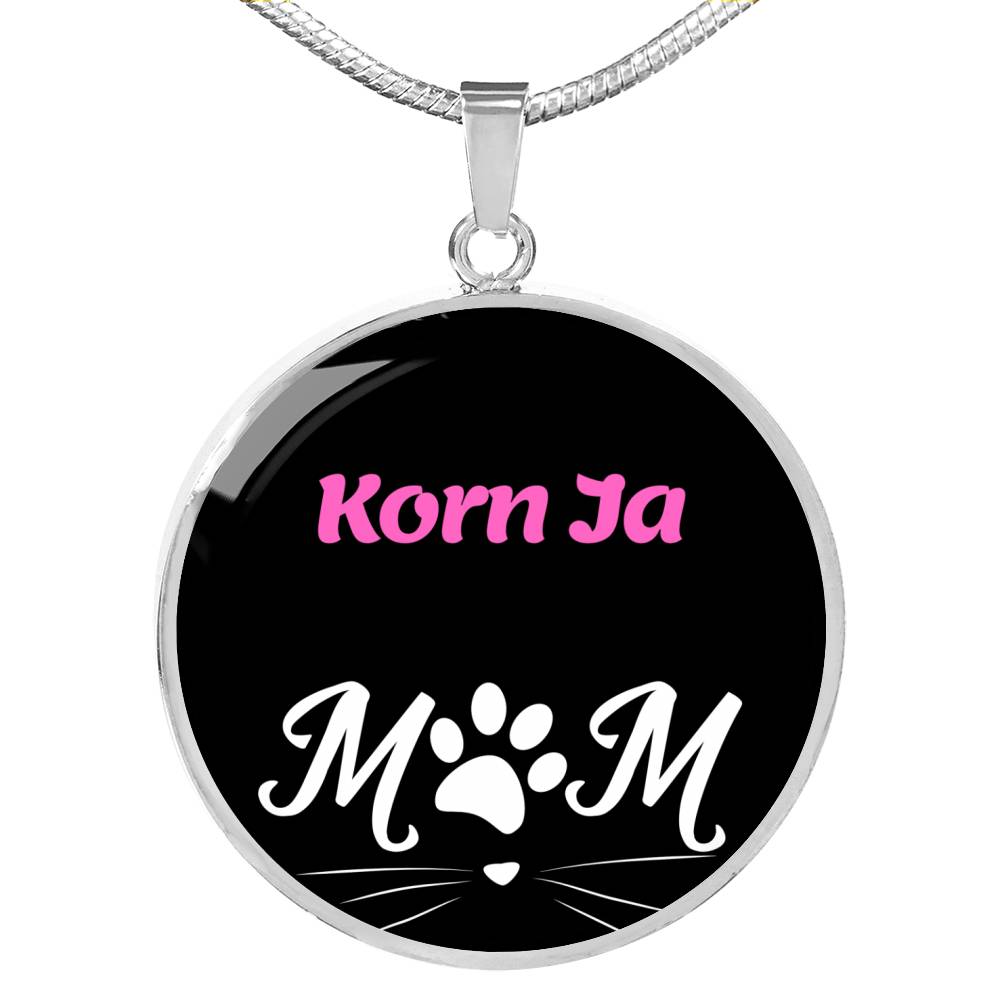 Korn Ja Cat Mom Necklace Circle Pendant Stainless Steel or 18k Gold 18-22"-Express Your Love Gifts