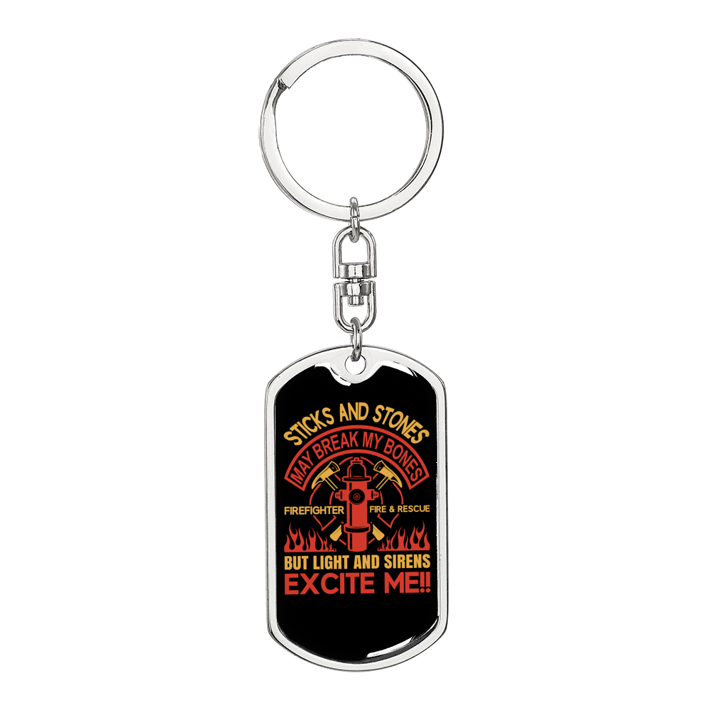 Light Sirens Excite Me Firefighter Keychain Stainless Steel or 18k Gold Dog Tag Keyring-Express Your Love Gifts