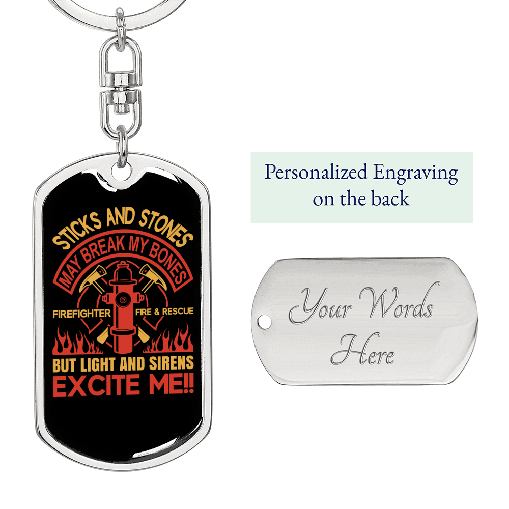 Light Sirens Excite Me Firefighter Keychain Stainless Steel or 18k Gold Dog Tag Keyring-Express Your Love Gifts