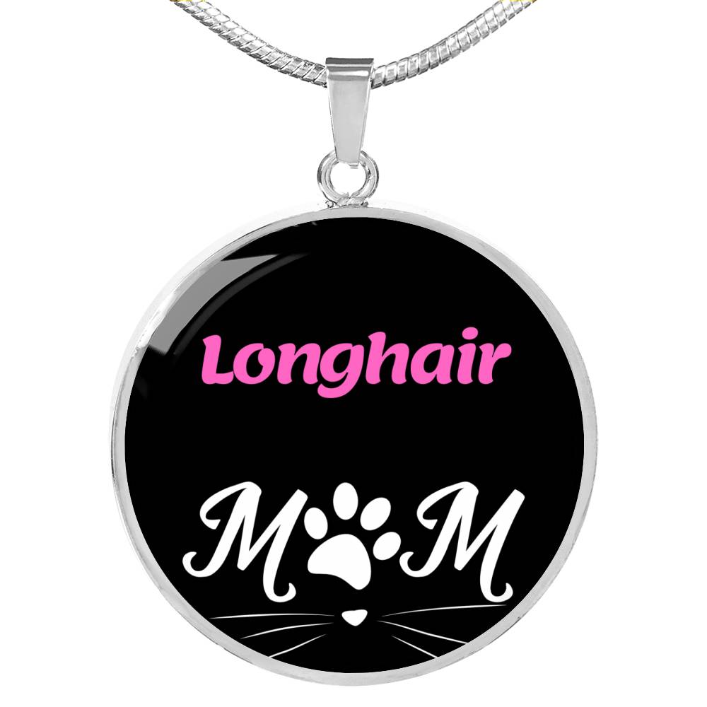 Longhair Cat Mom Necklace Circle Pendant Stainless Steel or 18k Gold 18-22"-Express Your Love Gifts