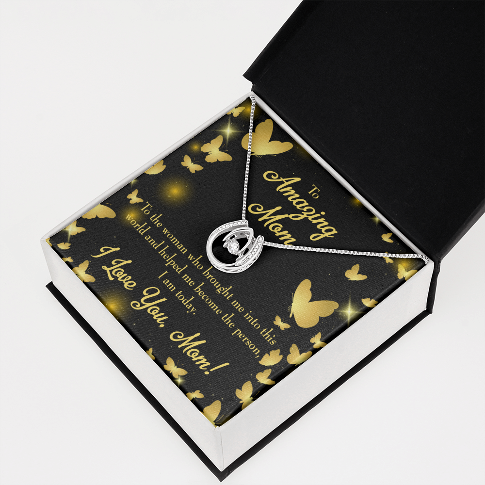 Love you Mom Lucky Horseshoe Necklace Message Card 14k w CZ Crystals-Express Your Love Gifts