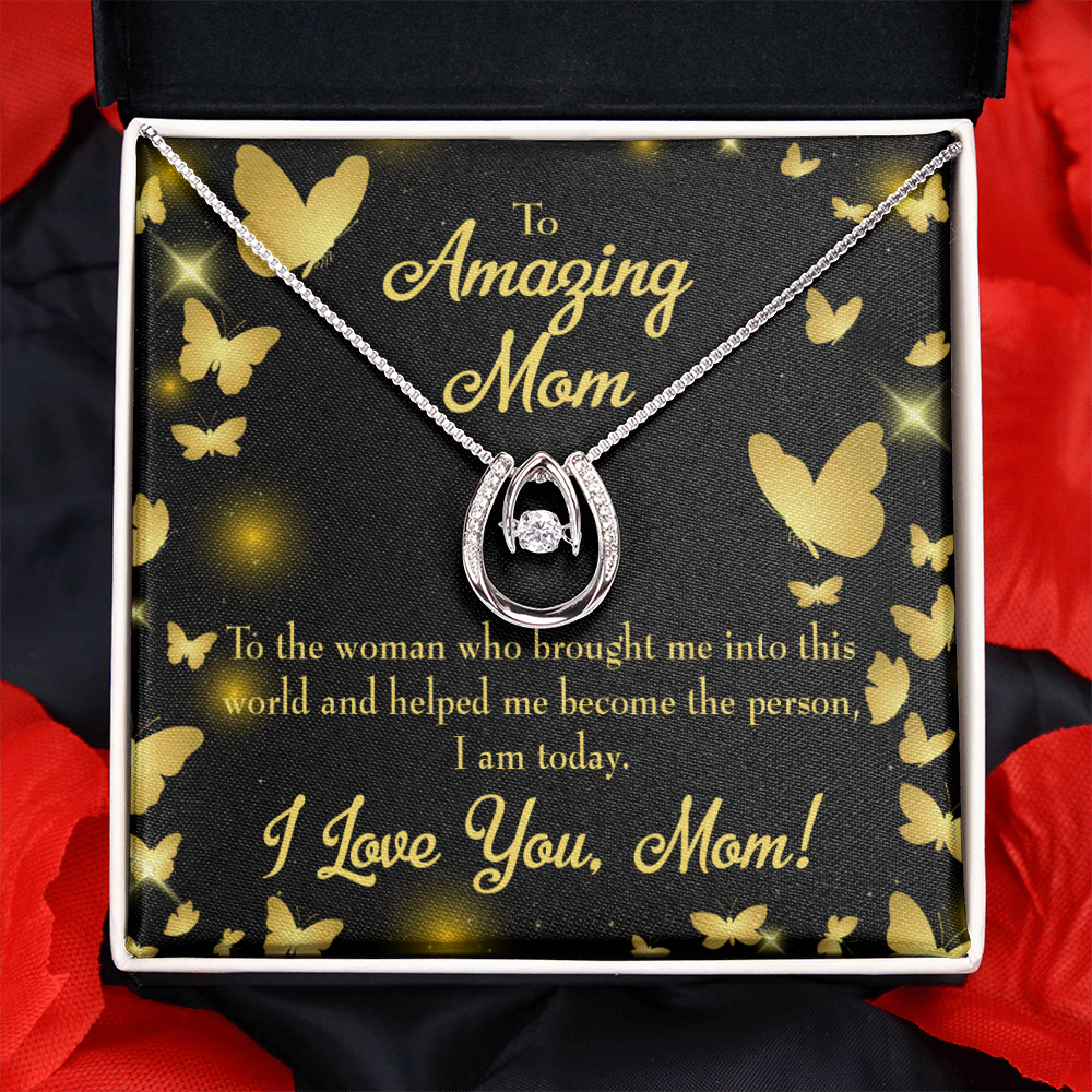 Love you Mom Lucky Horseshoe Necklace Message Card 14k w CZ Crystals-Express Your Love Gifts