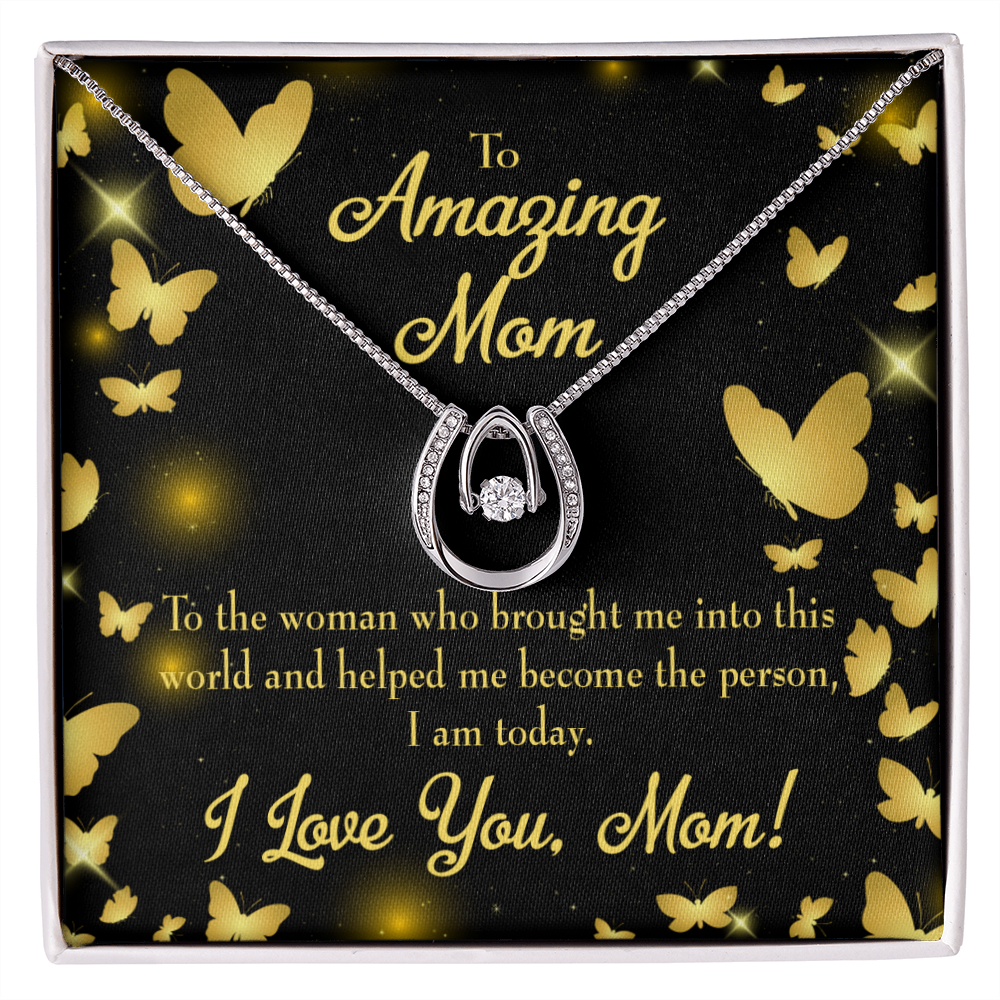 Love you Mom Lucky Horseshoe Necklace Message Card 14k w CZ Crystals-Express Your Love Gifts