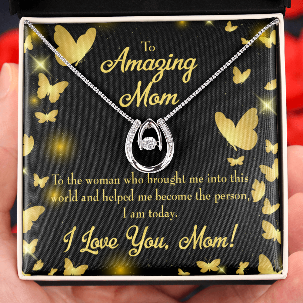 Love you Mom Lucky Horseshoe Necklace Message Card 14k w CZ Crystals-Express Your Love Gifts