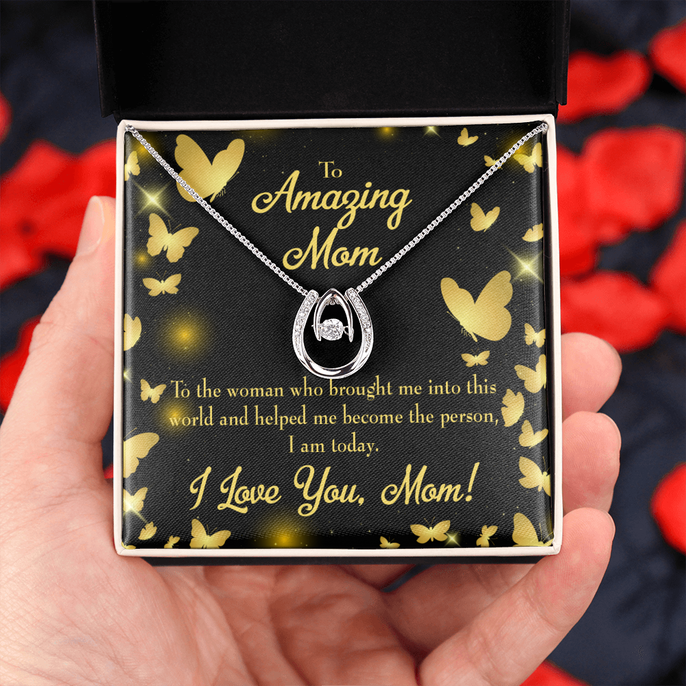 Love you Mom Lucky Horseshoe Necklace Message Card 14k w CZ Crystals-Express Your Love Gifts