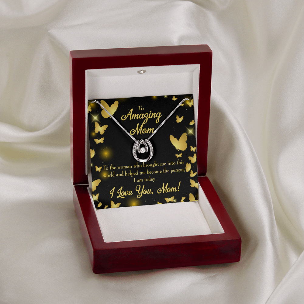 Love you Mom Lucky Horseshoe Necklace Message Card 14k w CZ Crystals-Express Your Love Gifts