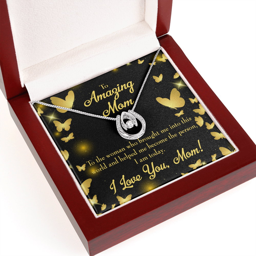 Love you Mom Lucky Horseshoe Necklace Message Card 14k w CZ Crystals-Express Your Love Gifts