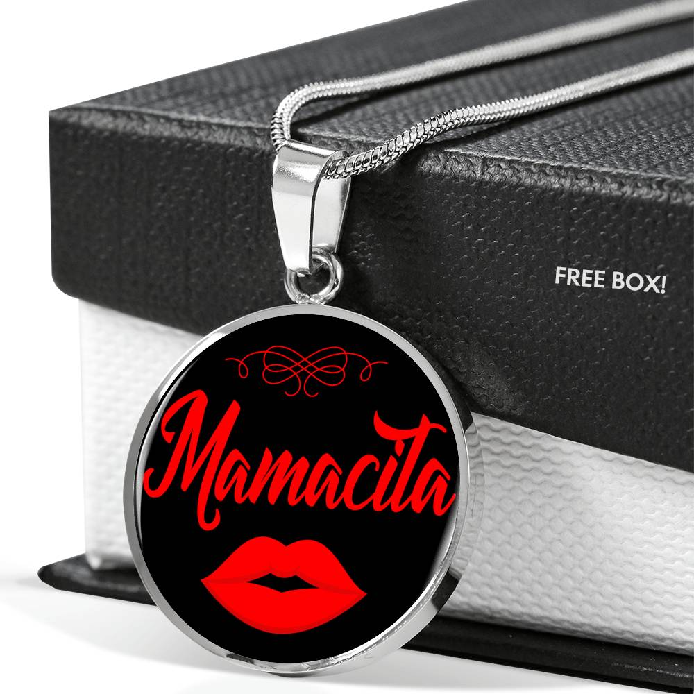 Mamacita Red Lips Necklace Spanish Hot Mama Circle Pendant Stainless Steel or 18k Gold 18-22"-Express Your Love Gifts