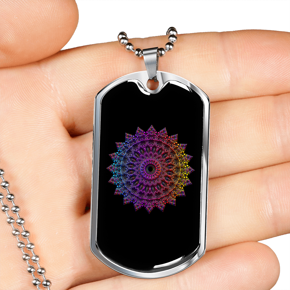 Mandala Art Purple Zodiac Necklace Stainless Steel or 18k Gold Dog Tag 24" Chain-Express Your Love Gifts