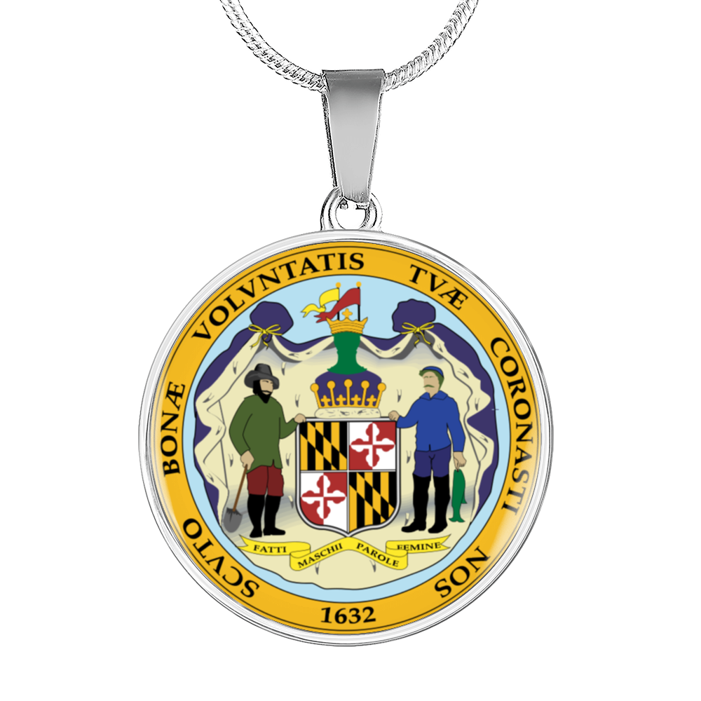 Maryland State Seal Necklace Circle Pendant Stainless Steel or 18k Gold 18-22"-Express Your Love Gifts