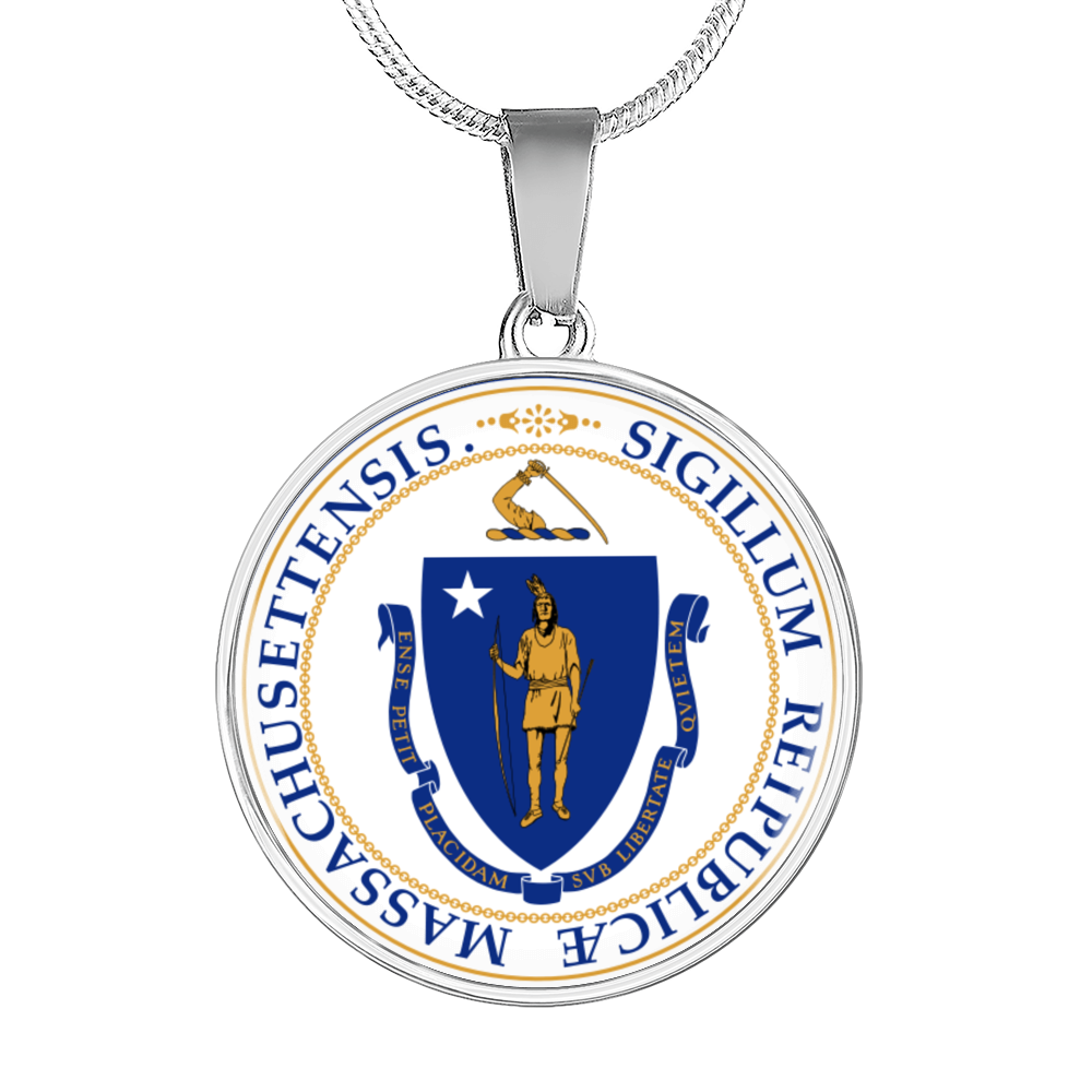 Massachusetts State Seal Necklace Circle Pendant Stainless Steel or 18k Gold 18-22"-Express Your Love Gifts