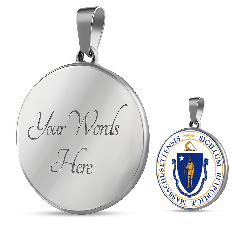 Massachusetts State Seal Necklace Circle Pendant Stainless Steel or 18k Gold 18-22"-Express Your Love Gifts