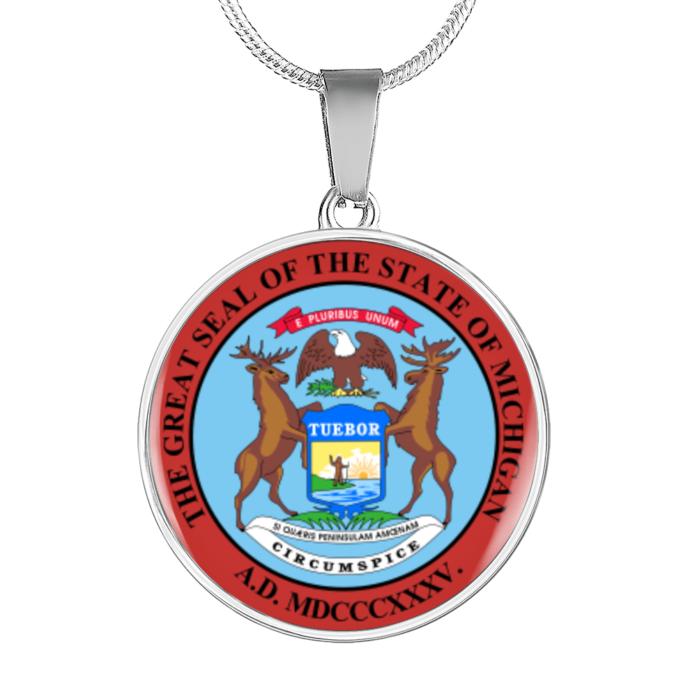 Michigan State Seal Necklace Circle Pendant Stainless Steel or 18k Gold 18-22"-Express Your Love Gifts