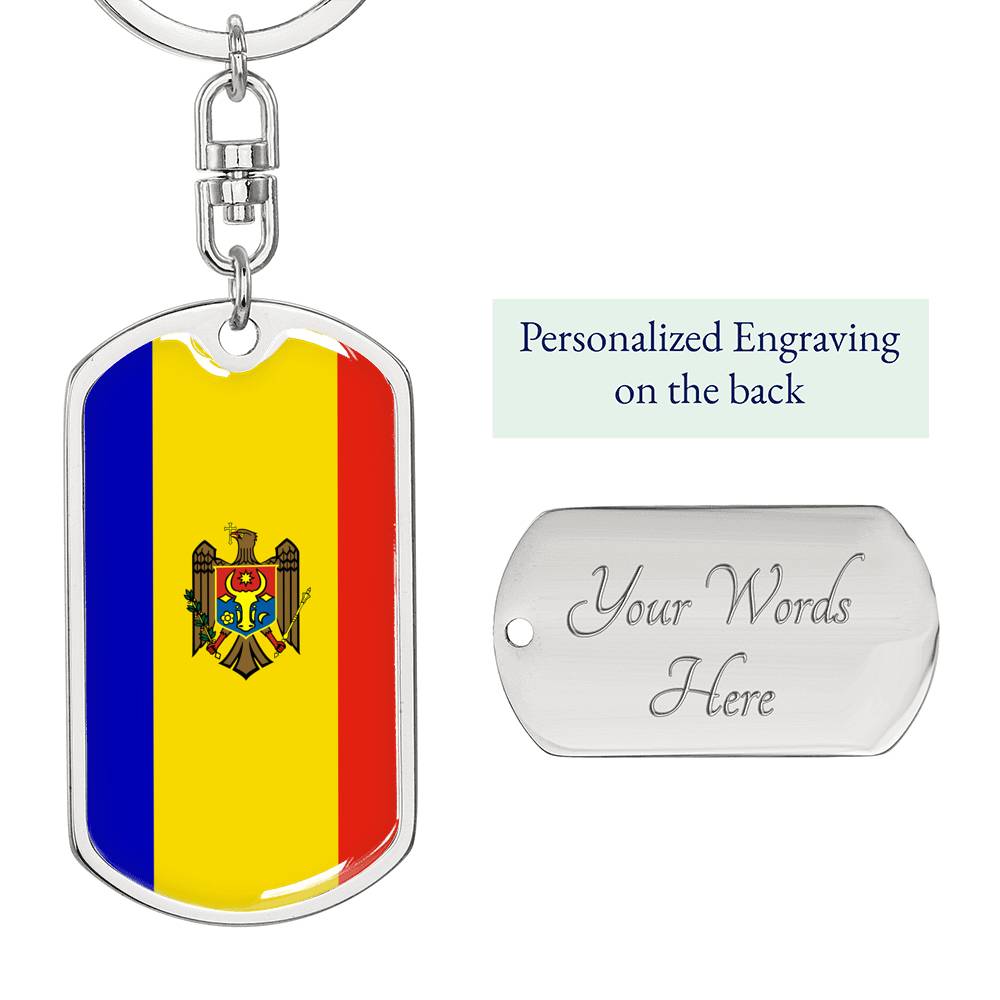 Moldova Republic Of Flag Keychain Dog Tag Stainless Steel or 18k Gold-Express Your Love Gifts