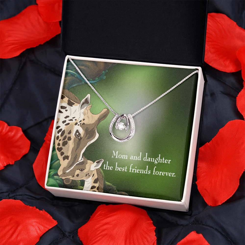 Mom and Daughter Best Friends Forever Lucky Horseshoe Necklace Message Card 14k w CZ Crystals-Express Your Love Gifts