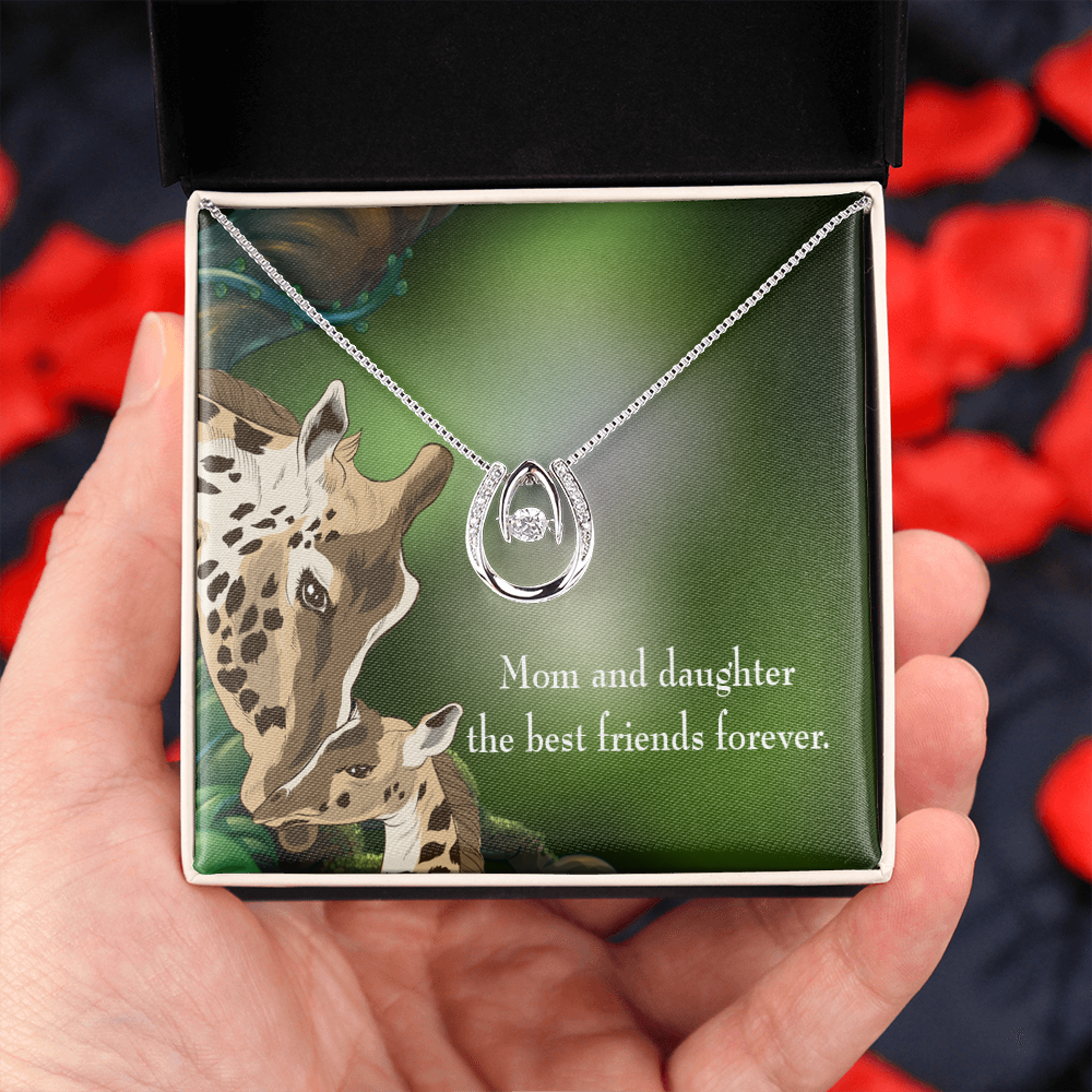 Mom and Daughter Best Friends Forever Lucky Horseshoe Necklace Message Card 14k w CZ Crystals-Express Your Love Gifts