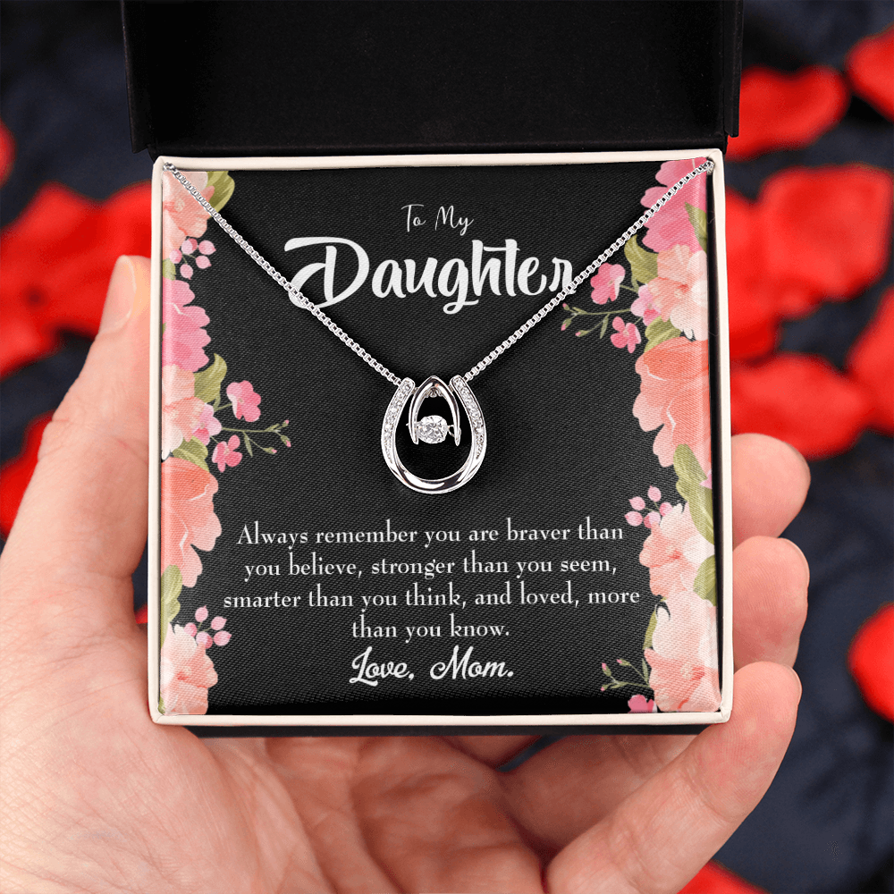 Mom Daughter Always Lucky Horseshoe Necklace Message Card 14k w CZ Crystals-Express Your Love Gifts