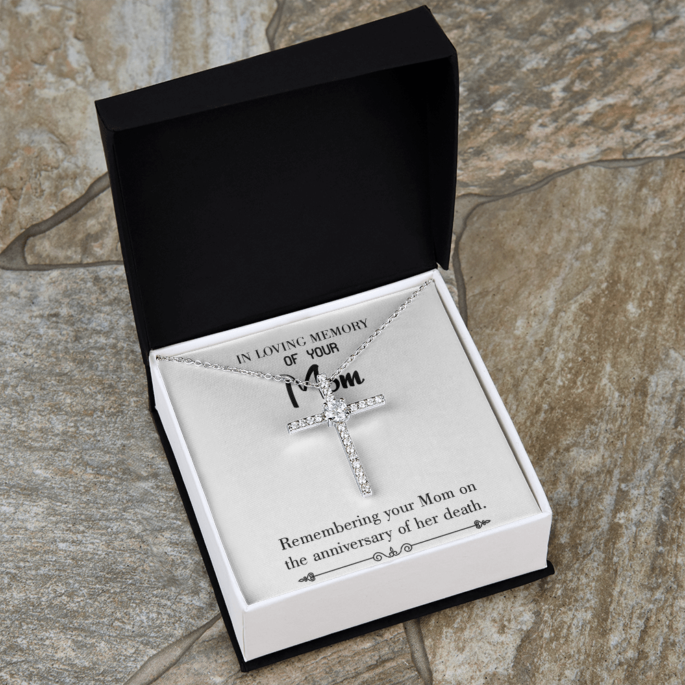 Mom Death Anniversary White Mom Remembrance CZ Cross Necklace Message Card-Express Your Love Gifts