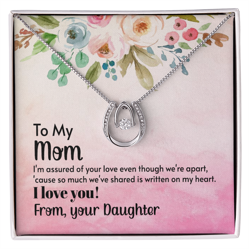 Mom I&#39;m Assured of Your Love Lucky Horseshoe Necklace Message Card 14k w CZ Crystals-Express Your Love Gifts