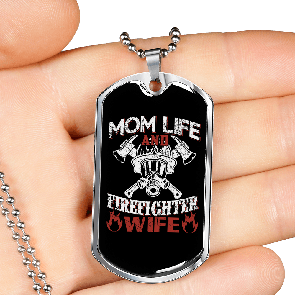 Mom Life Firefighter Wife Necklace Stainless Steel or 18k Gold Dog Tag 24" Chain-Express Your Love Gifts