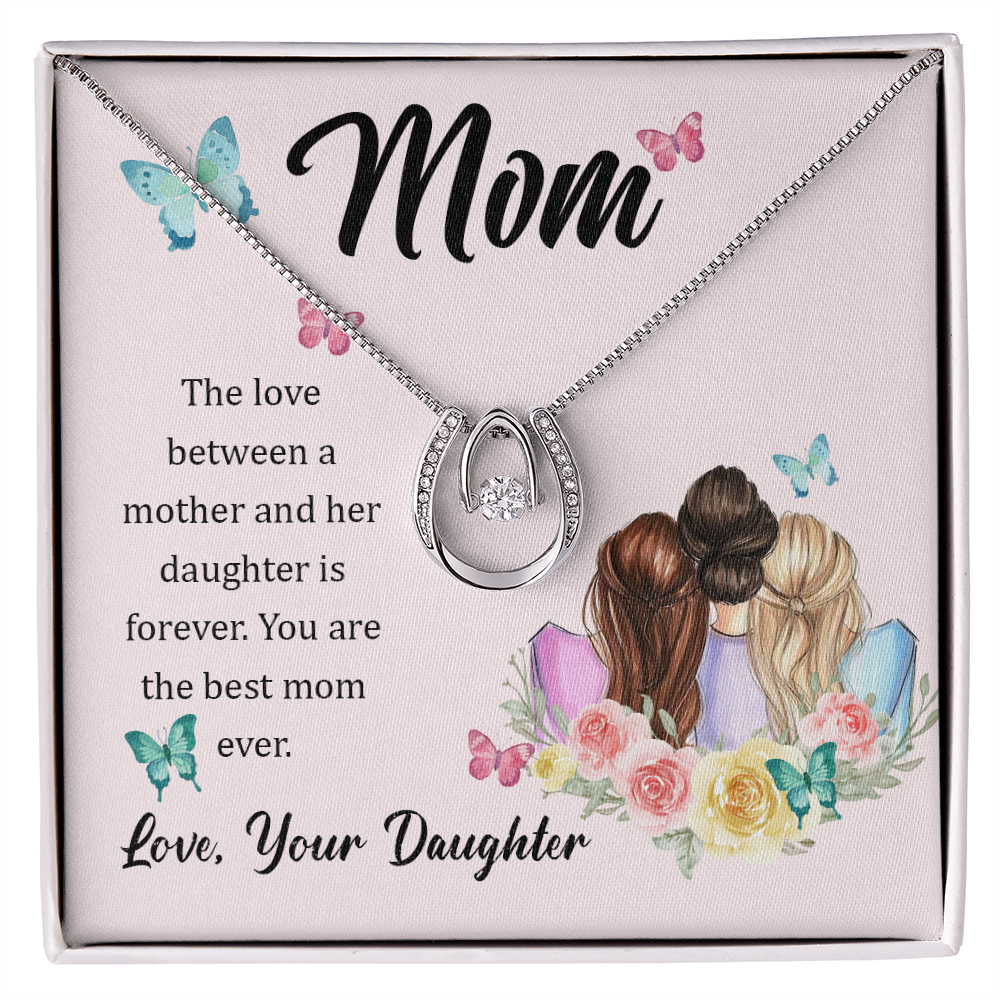 Mom Love Between a Mother and Her Daughter Lucky Horseshoe Necklace Message Card 14k w CZ Crystals-Express Your Love Gifts