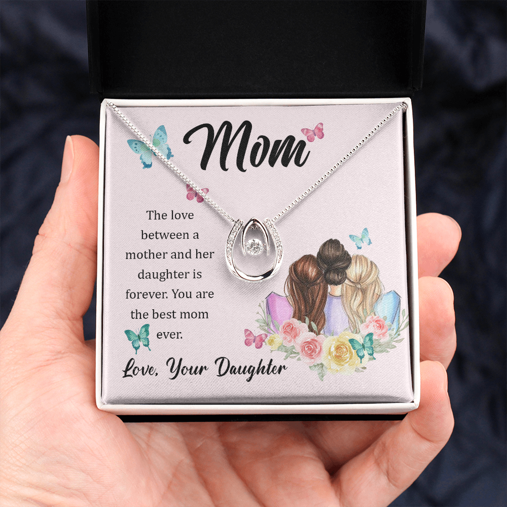 Mom Love Between a Mother and Her Daughter Lucky Horseshoe Necklace Message Card 14k w CZ Crystals-Express Your Love Gifts