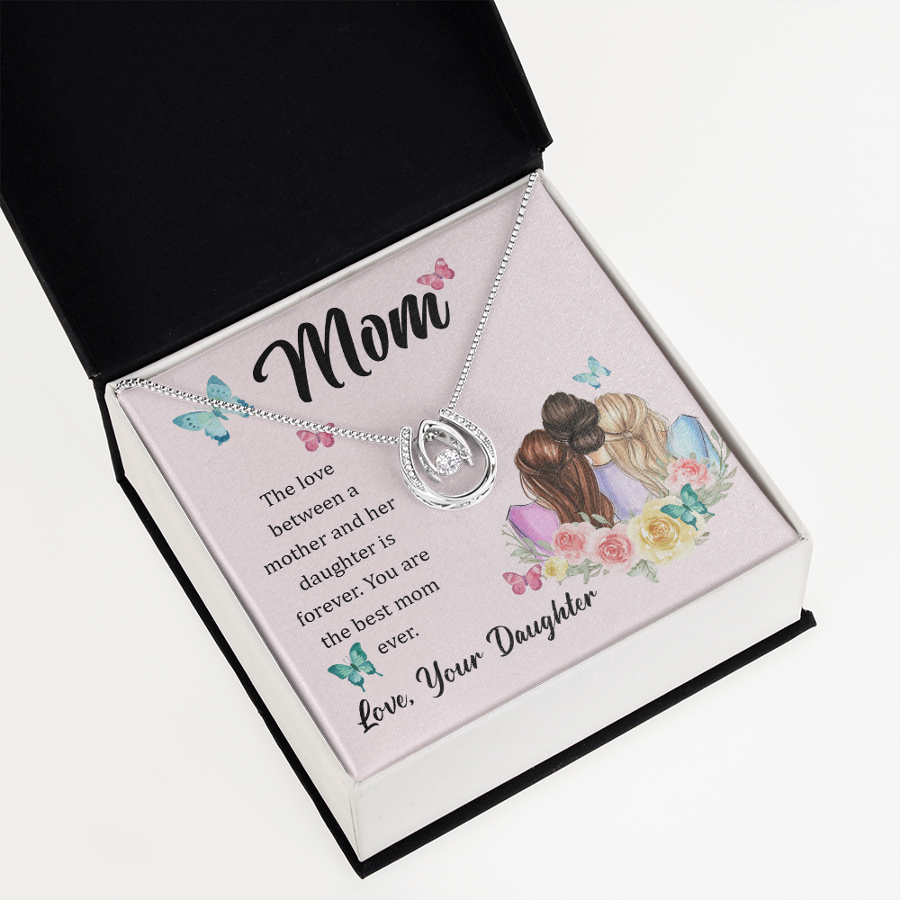 Mom Love Between a Mother and Her Daughter Lucky Horseshoe Necklace Message Card 14k w CZ Crystals-Express Your Love Gifts