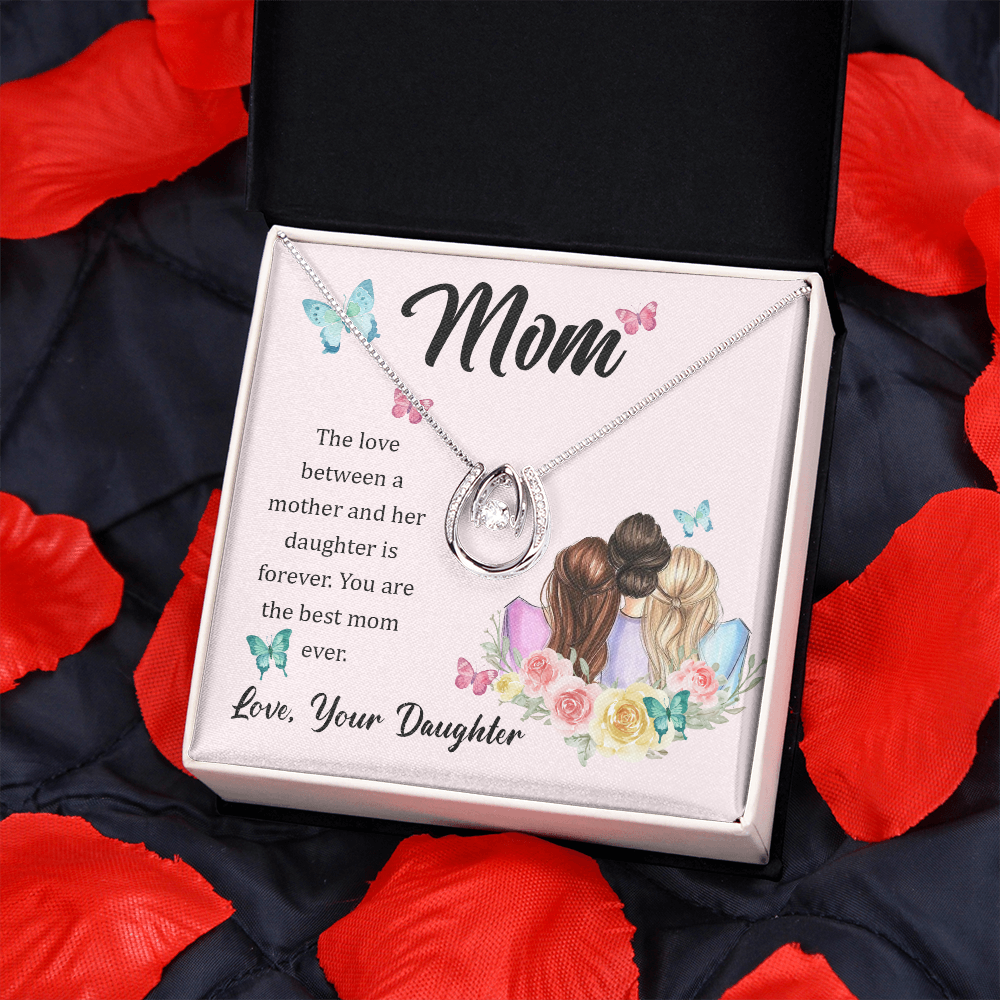 Mom Love Between a Mother and Her Daughter Lucky Horseshoe Necklace Message Card 14k w CZ Crystals-Express Your Love Gifts