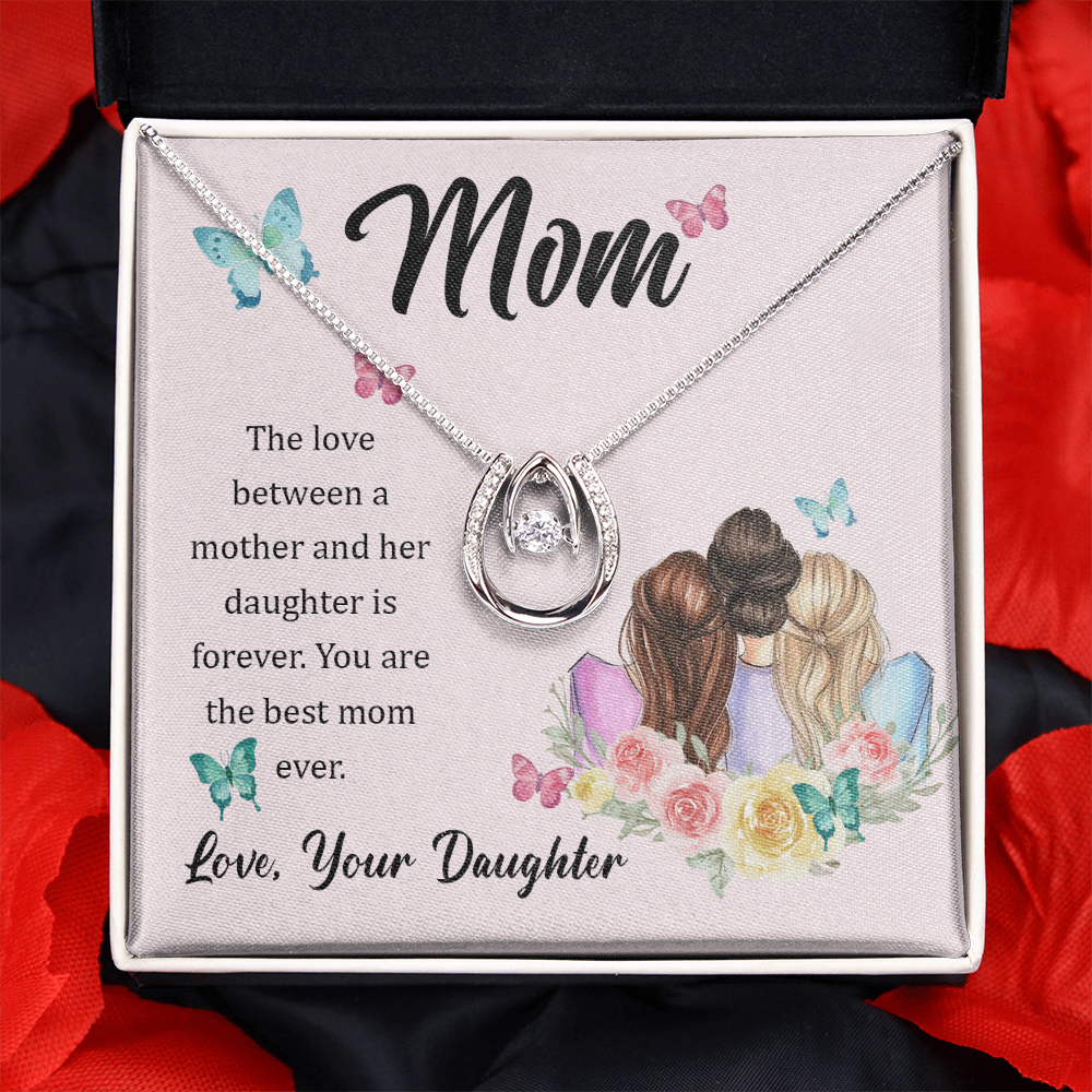 Mom Love Between a Mother and Her Daughter Lucky Horseshoe Necklace Message Card 14k w CZ Crystals-Express Your Love Gifts