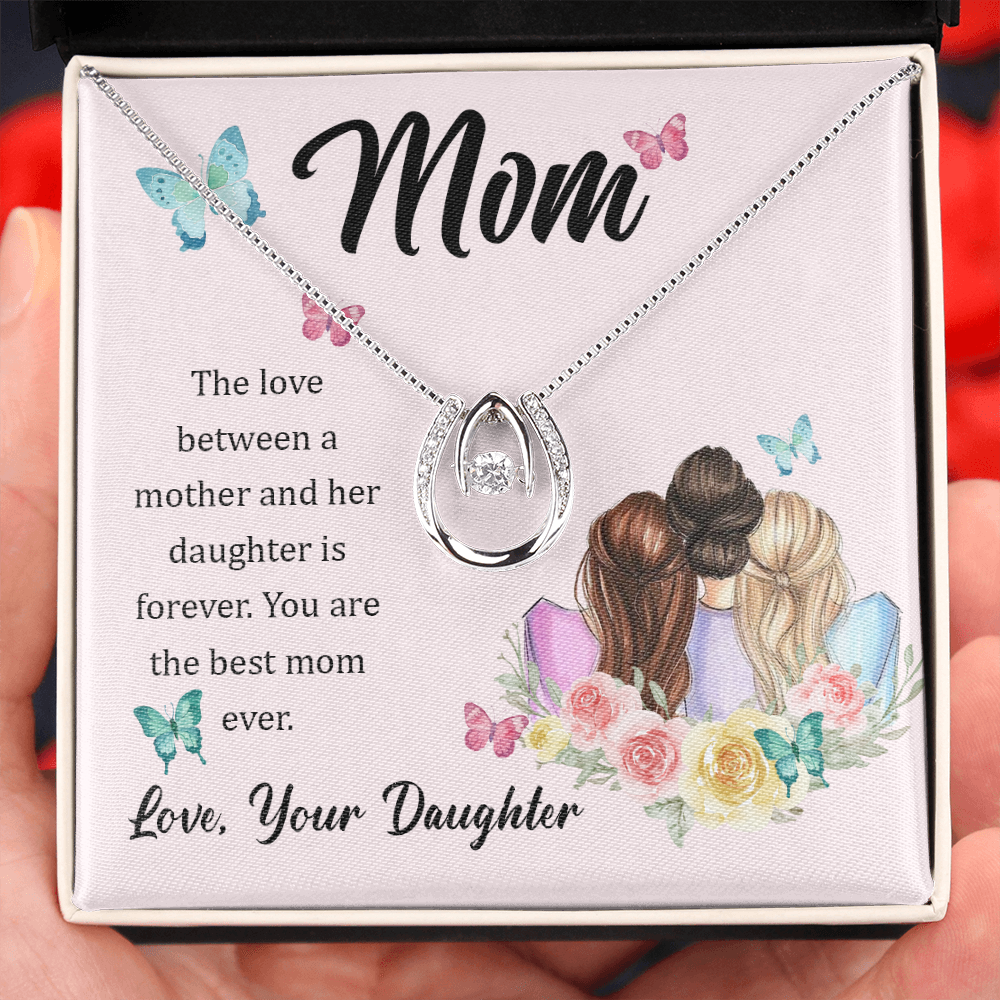 Mom Love Between a Mother and Her Daughter Lucky Horseshoe Necklace Message Card 14k w CZ Crystals-Express Your Love Gifts