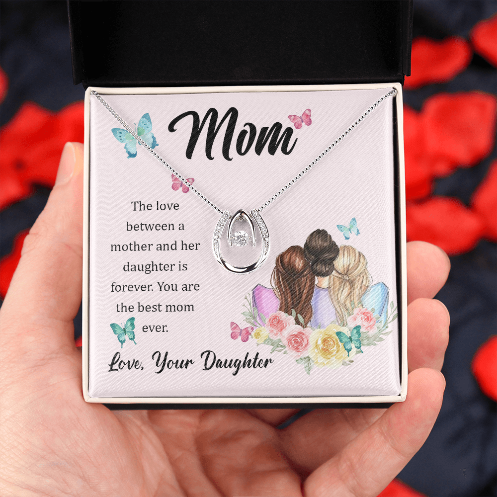 Mom Love Between a Mother and Her Daughter Lucky Horseshoe Necklace Message Card 14k w CZ Crystals-Express Your Love Gifts