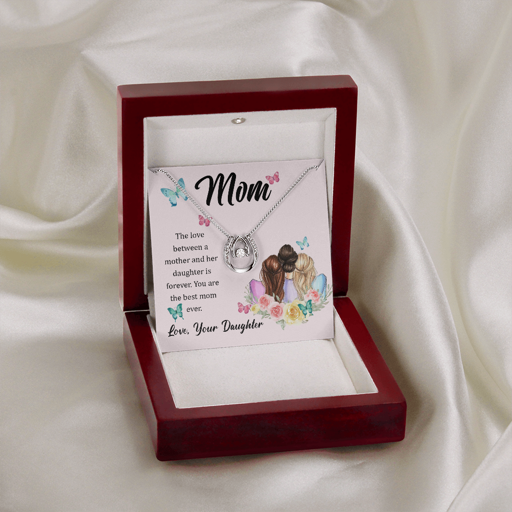 Mom Love Between a Mother and Her Daughter Lucky Horseshoe Necklace Message Card 14k w CZ Crystals-Express Your Love Gifts