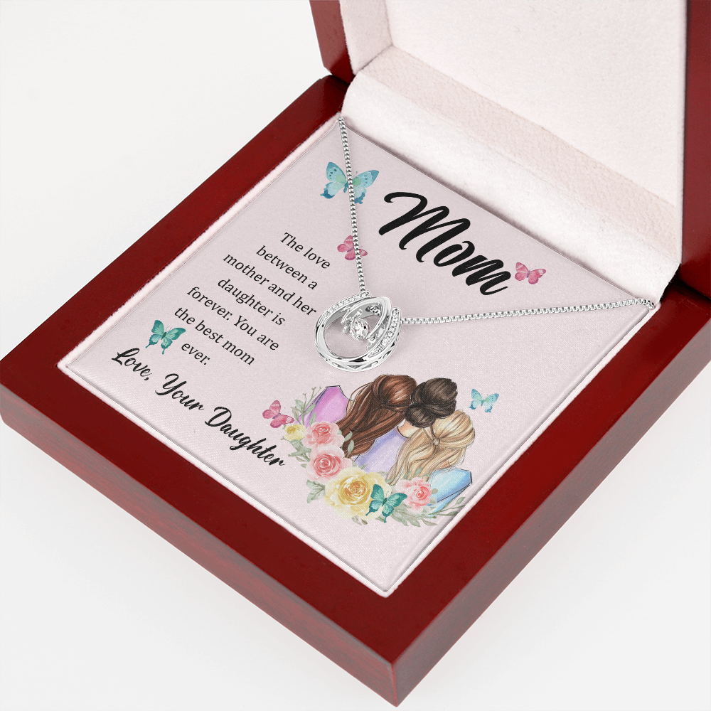 Mom Love Between a Mother and Her Daughter Lucky Horseshoe Necklace Message Card 14k w CZ Crystals-Express Your Love Gifts