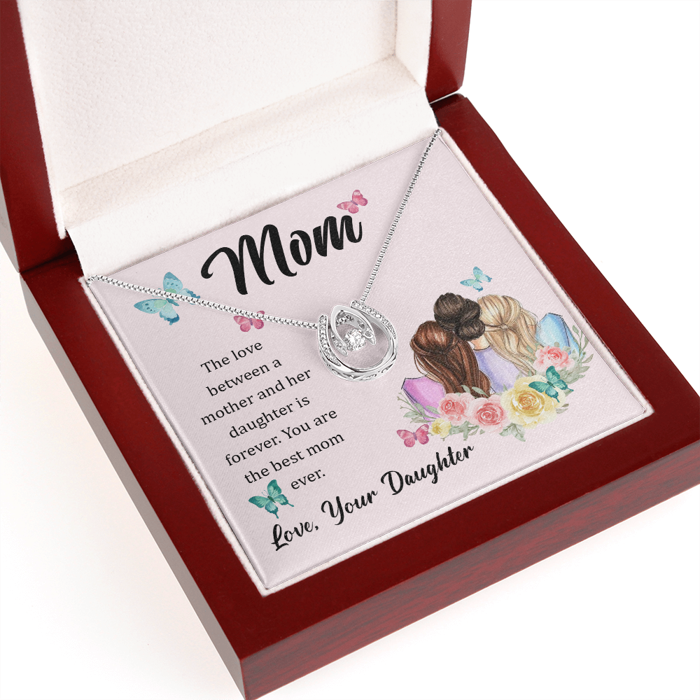 Mom Love Between a Mother and Her Daughter Lucky Horseshoe Necklace Message Card 14k w CZ Crystals-Express Your Love Gifts