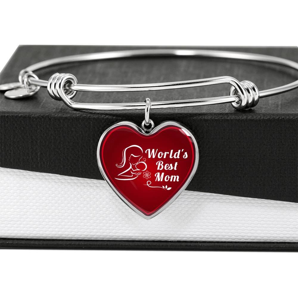 Mom Message World's Best Mom Heart Bangle Stainless Steel or 18k Gold 18-22"-Express Your Love Gifts