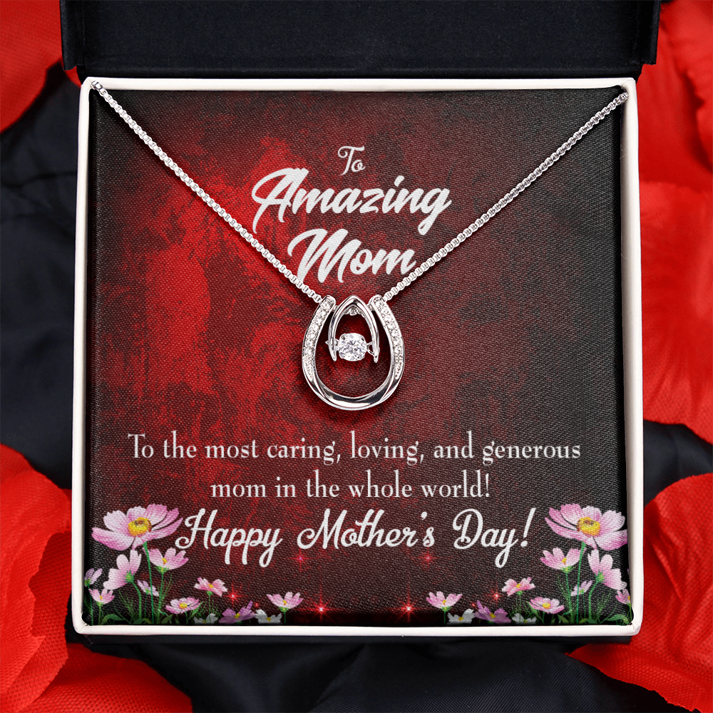 Mom Most Caring Lucky Horseshoe Necklace Message Card 14k w CZ Crystals-Express Your Love Gifts