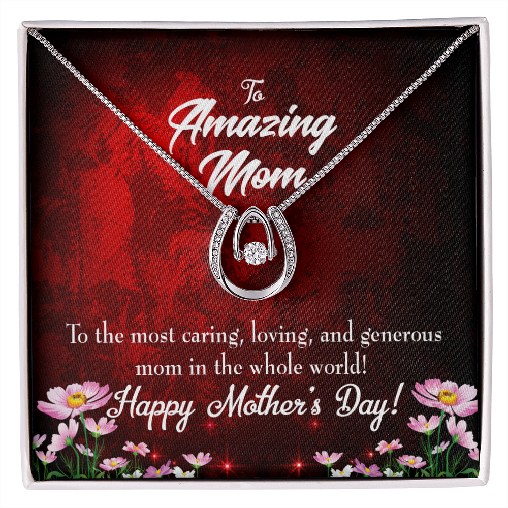 Mom Most Caring Lucky Horseshoe Necklace Message Card 14k w CZ Crystals-Express Your Love Gifts