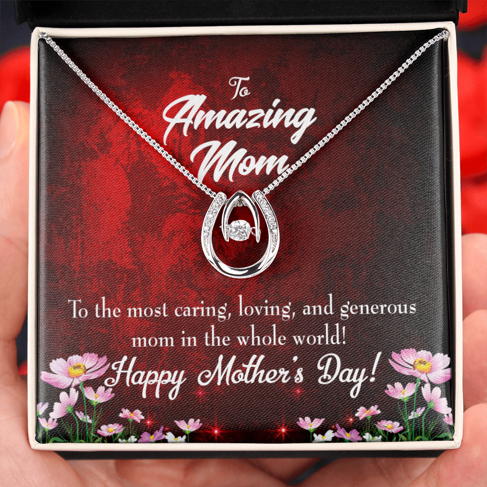 Mom Most Caring Lucky Horseshoe Necklace Message Card 14k w CZ Crystals-Express Your Love Gifts