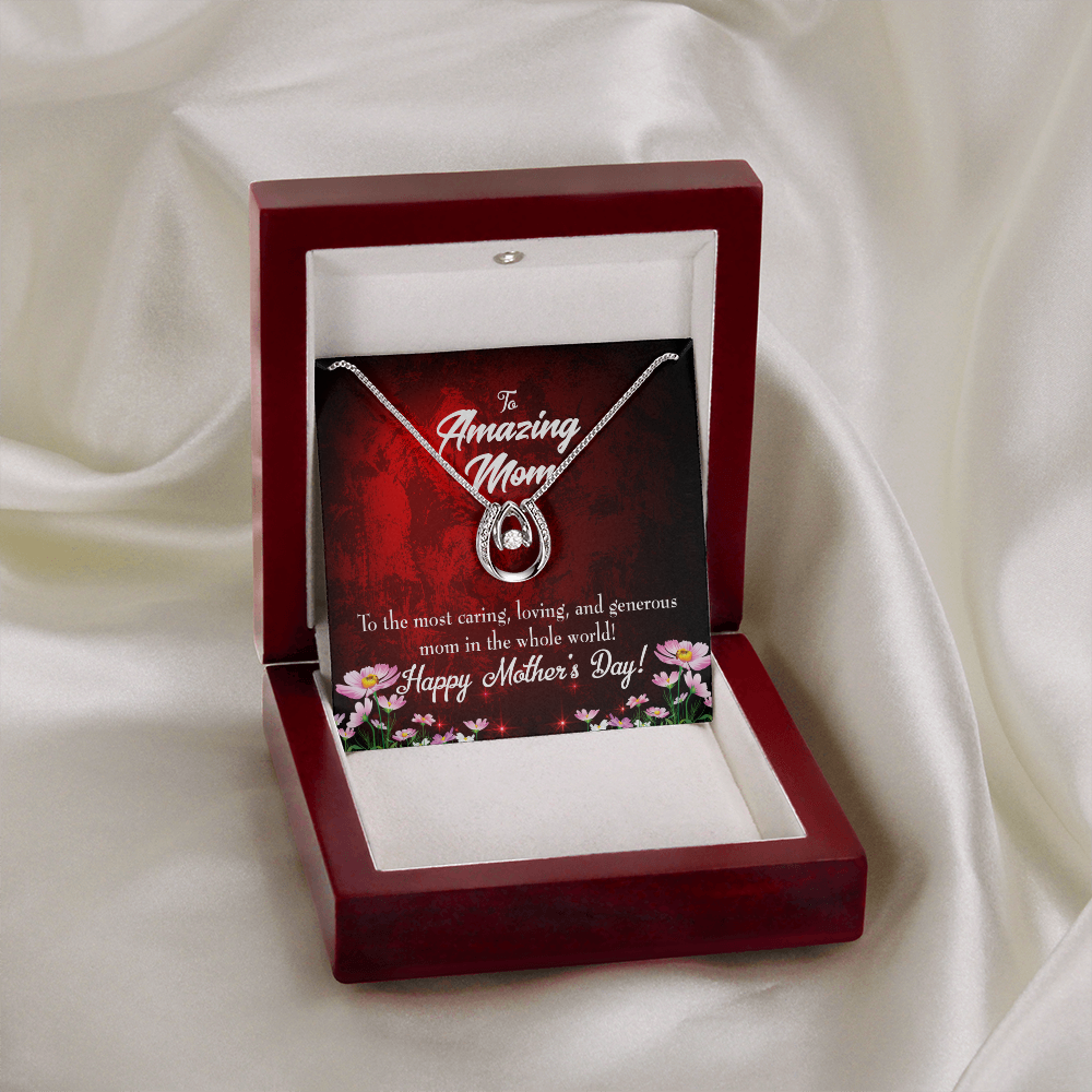 Mom Most Caring Lucky Horseshoe Necklace Message Card 14k w CZ Crystals-Express Your Love Gifts