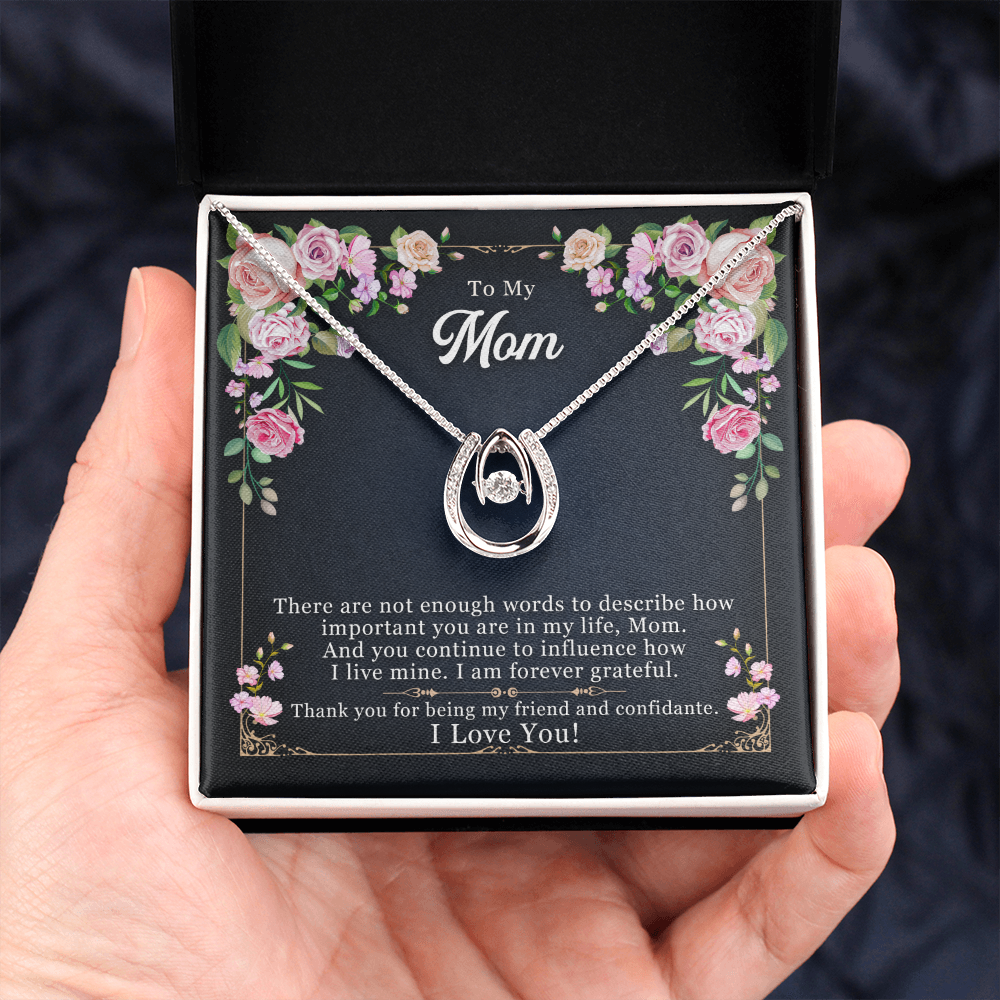 Mom Not Enough Words Lucky Horseshoe Necklace Message Card 14k w CZ Crystals-Express Your Love Gifts